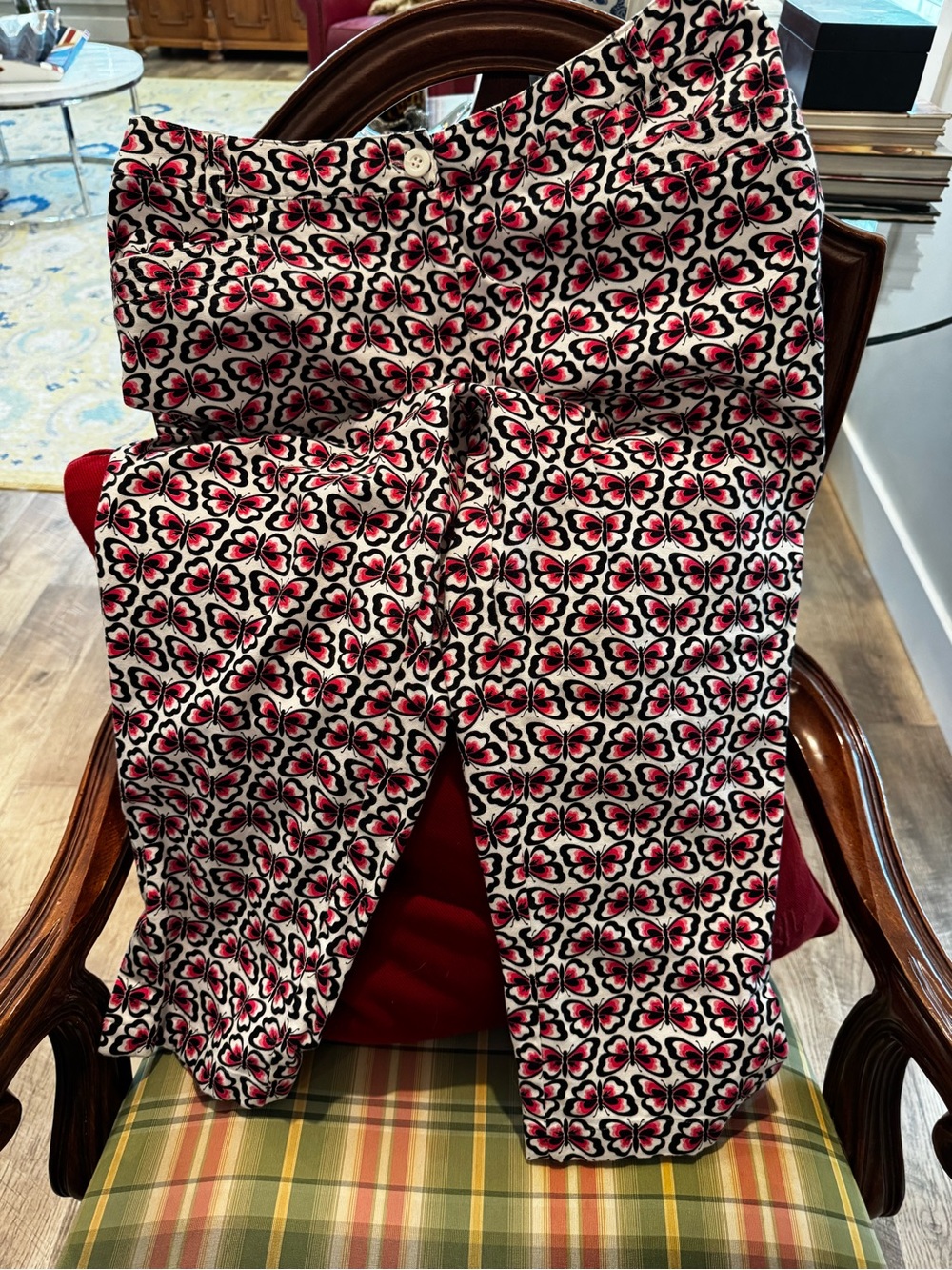 Talbots Black, White & Pink Butterfly-Print Cropped Pants